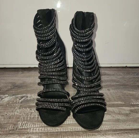 bebe Black Rhinestone Strappy Heels - Picture 2 of 4